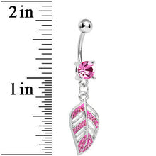 Load image into Gallery viewer, Pink Gem Paved Floating Leaf Dangle Belly Ring
