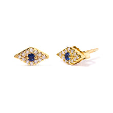 Load image into Gallery viewer, 10K Yellow Gold Blue Sapphire and Diamond Accent Evil Eye Stud Earring (H-I Color, I1-I2 Clarity)
