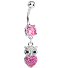 将图片加载到图库查看器，Pink Gem and Paved Heart For the Love of Owls Dangle Belly Ring
