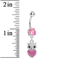将图片加载到图库查看器，Pink Gem and Paved Heart For the Love of Owls Dangle Belly Ring
