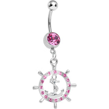 将图片加载到图库查看器，Pink Gem Ship Wheel and Anchor Dangle Belly Ring
