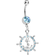 将图片加载到图库查看器，Aqua Gem Ship Wheel and Anchor Dangle Belly Ring
