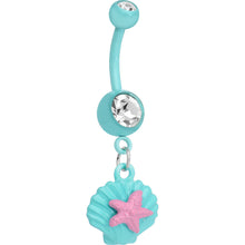 Load image into Gallery viewer, Crystalline Gem Aqua Seashell and Pink Starfish Dangle Belly Ring
