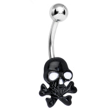 Load image into Gallery viewer, Black Ghoulish Grinning Skull and Crossbones Belly Ring
