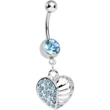 Load image into Gallery viewer, Aqua Gem Paved Cage Heart Dangle Belly Ring
