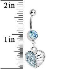 Load image into Gallery viewer, Aqua Gem Paved Cage Heart Dangle Belly Ring
