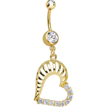 将图片加载到图库查看器，Gold Plated Clear Gem Hollow Heart Shell Dangle Belly Ring
