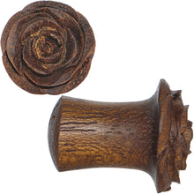 Load image into Gallery viewer, 2G Organic Teak Wood Mocha Rosebud Hand Carved Plug Set
