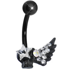 Load image into Gallery viewer, Clear Gem Rock Star Shimmering Wing Black Skull Belly Ring
