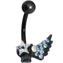 Load image into Gallery viewer, Aqua Gem Rock Star Shimmering Wing Black Skull Belly Ring
