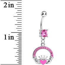 Load image into Gallery viewer, Pink Gem Pink Heart Irish Claddagh Dangle Belly Ring
