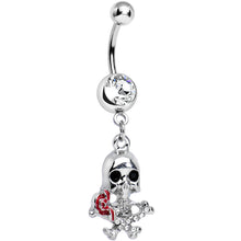 Load image into Gallery viewer, Clear Gem Death in Bloom Skull and Rose Flower Dangle Belly Ring
