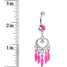Load image into Gallery viewer, Pink Gem Heart Full of Dreamcatcher Dangle Belly Ring
