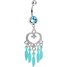 Load image into Gallery viewer, Aqua Gem Heart Full of Dreamcatcher Dangle Belly Ring
