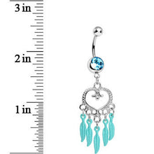 Load image into Gallery viewer, Aqua Gem Heart Full of Dreamcatcher Dangle Belly Ring

