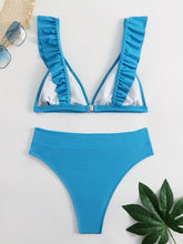 Load image into Gallery viewer, New Elegance Curve V-Neck Bikini Set – Sleek Solid Color High Waist Swimsuit with High-Cut Leg and Delicate Lettuce Trim – Stretch Comfort and Easy-Care Two-Piece Swimwear for Women’s Poolside Style
