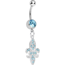 Load image into Gallery viewer, Aqua Gem Paved Fleur de Lis Dangle Belly Ring
