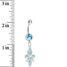 Load image into Gallery viewer, Aqua Gem Paved Fleur de Lis Dangle Belly Ring
