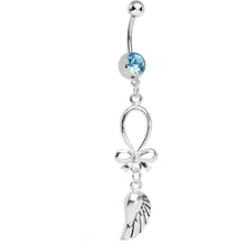 Load image into Gallery viewer, Aqua Gem Bowtie and Angel Wing Dangle Belly Ring
