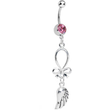 将图片加载到图库查看器，Pink Gem Bowtie with Angel Wing Dangle Belly Ring
