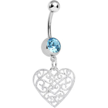 Load image into Gallery viewer, Aqua Gem Filigree Heart Dangle Belly Ring
