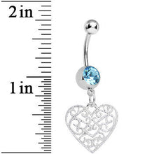 Load image into Gallery viewer, Aqua Gem Filigree Heart Dangle Belly Ring
