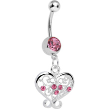Load image into Gallery viewer, Pink Gem Opulent Scrolled Heart Dangle Belly Ring
