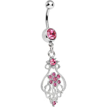 Load image into Gallery viewer, Pink Gem Ensnared in Roots Flower Dangle Belly Ring
