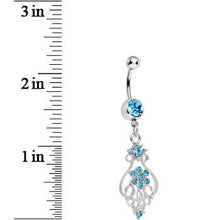 Load image into Gallery viewer, Aqua Gem Ensnared in Roots Flower Dangle Belly Ring
