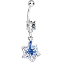 Load image into Gallery viewer, Crystalline Blue Gem Paved Layered Star of David Dangle Belly Ring
