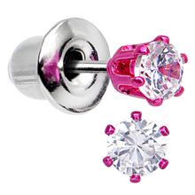 Load image into Gallery viewer, 3mm Neon Pink Round Clear CZ Stud Earrings

