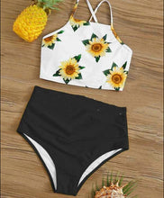 Load image into Gallery viewer, High Waist Bikini Sunflower Swimsuit Women Bikini Floral Swimsuit Floral Crop Tie Knot Front High Waist Bikini Set Two Piece Swimsuit For Women  Summer High Waisted Bathing Suit
