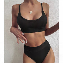 Load image into Gallery viewer, Women Bikini Sets Solid Color Ruffled Swimwear Bathing Suits 2 Piece Split Push Up Bandage Beachwear Women's Bikini Scoop Neck Straps Cutout Crop Top Lace Up Bottom Comfortable Two Piece Swimsuits

