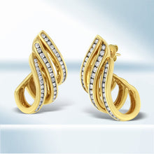 Load image into Gallery viewer, 10K Yellow Gold 1.0 Cttw Round Brilliant Cut Diamond Spiral Multi Row Channel Set Open Hoop Pushback Stud Earrings (H-I Color, I1-I2 Clarity)
