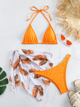 Load image into Gallery viewer, Feather Luxe 3-Piece Bikini Set – Exotic Feather Print Halter Neck Backless Swimsuit with High Cut Tie Back Bottoms and Wrap Cover-Up – Women’s High-Stretch Comfortable Swimwear for Summer Beach &amp; Pool Vacations
