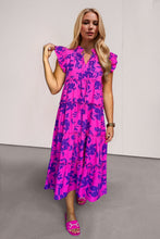 Load image into Gallery viewer, Full Size Ruffled Printed Sleeve Midi Dress Elegant &amp; Beautiful Design Red-Violet Dress
