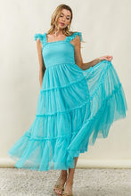 Load image into Gallery viewer, Frill Mesh Tiered Midi Dress For Women – Fluttering, Elegant, Romantic Frill Design with Mesh Details for a Feminine Silhouette
