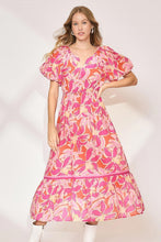 将图片加载到图库查看器，New Summer Floral Notched Puff Sleeve Midi Dress For Women – Fluttering, Elegant Floral Print Midi Dress with Trendy Notched Neckline and Puff Sleeves
