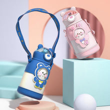 将图片加载到图库查看器，500ml Stainless Steel Thermal Water Bottle for Children Cute Cartoon Thermos Mug with Straw Leak-Proof Insulated Cup Drinkware Water Bottle for Girls Cute Water Bottles with Straw Portable Leakproof Bear Water Bottle with Adjustable Strap
