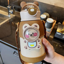 将图片加载到图库查看器，500ml Stainless Steel Thermal Water Bottle for Children Cute Cartoon Thermos Mug with Straw Leak-Proof Insulated Cup Drinkware Water Bottle for Girls Cute Water Bottles with Straw Portable Leakproof Bear Water Bottle with Adjustable Strap

