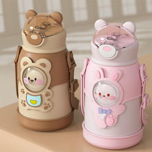 将图片加载到图库查看器，500ml Stainless Steel Thermal Water Bottle for Children Cute Cartoon Thermos Mug with Straw Leak-Proof Insulated Cup Drinkware Water Bottle for Girls Cute Water Bottles with Straw Portable Leakproof Bear Water Bottle with Adjustable Strap
