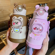 将图片加载到图库查看器，500ml Stainless Steel Thermal Water Bottle for Children Cute Cartoon Thermos Mug with Straw Leak-Proof Insulated Cup Drinkware Water Bottle for Girls Cute Water Bottles with Straw Portable Leakproof Bear Water Bottle with Adjustable Strap
