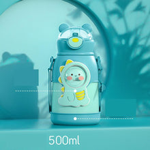将图片加载到图库查看器，500ml Stainless Steel Thermal Water Bottle for Children Cute Cartoon Thermos Mug with Straw Leak-Proof Insulated Cup Drinkware Water Bottle for Girls Cute Water Bottles with Straw Portable Leakproof Bear Water Bottle with Adjustable Strap
