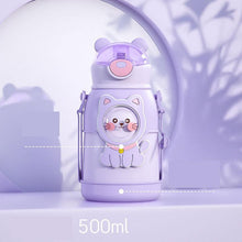 将图片加载到图库查看器，500ml Stainless Steel Thermal Water Bottle for Children Cute Cartoon Thermos Mug with Straw Leak-Proof Insulated Cup Drinkware Water Bottle for Girls Cute Water Bottles with Straw Portable Leakproof Bear Water Bottle with Adjustable Strap
