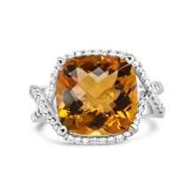 Load image into Gallery viewer, 14K White Gold 12mm Cushion Cut Yellow Citrine Gemstone and 1/3 Cttw Round Pave-Set Diamond Ring - (H-I Color, VS1-VS2 Clarity)- Size 6.5
