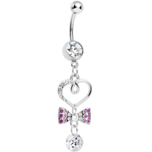 将图片加载到图库查看器，Clear CZ Drop Pink Gem Bow Half Paved Heart Dangle Belly Ring
