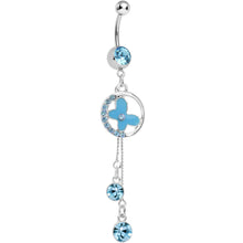 Load image into Gallery viewer, Aqua Cubic Zirconia Drops Encircled Butterfly Dangle Belly Ring
