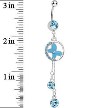 Load image into Gallery viewer, Aqua Cubic Zirconia Drops Encircled Butterfly Dangle Belly Ring

