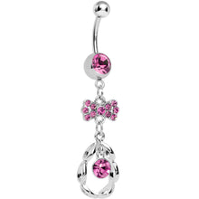 将图片加载到图库查看器，Pink CZ Drop in a Drop and Sparkling Bow Dangle Belly Ring
