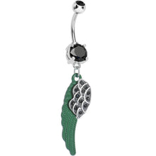 Load image into Gallery viewer, Black Paved Gem On the Green Wing of an Angel Dangle Belly Ring
